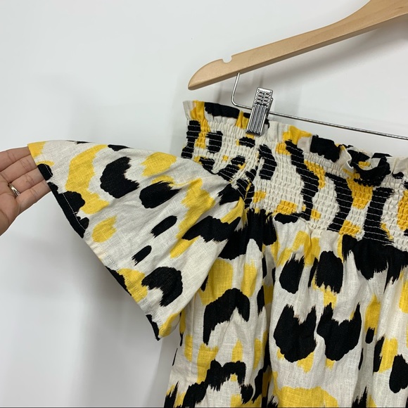 Who What Wear Linen Graphic Cat Smocked Off The Shoulder Short Sleeve Blouse Nwt - Picture 9 of 16